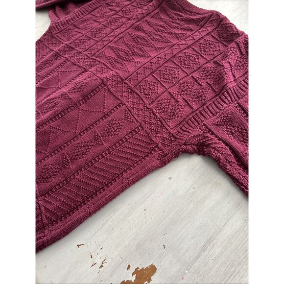 Vtg Structure Burgundy Cable Knit Fisherman Leather Buttons Cardigan Sz L 90s - Picture 9 of 10